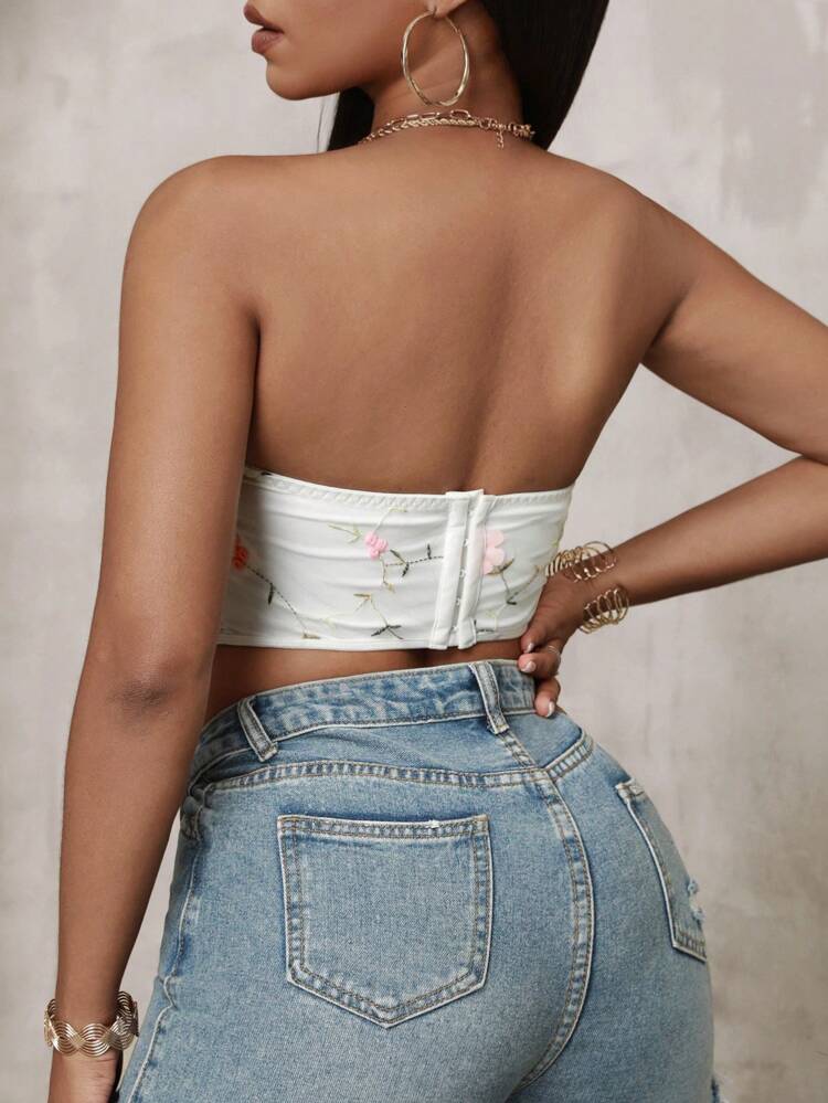 3D Floral Embroidered Bustier Top With Shoulder Straps