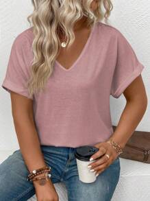 INAWLY Plus Size Women Simple Solid Color Short Sleeve T-Shirt - Pink - View 6