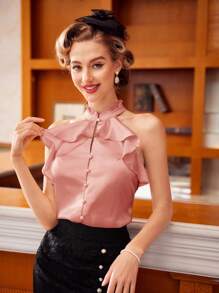 SHEIN DECDS Blusa vintage de mujer con cuello halter y detalles de volantes cortos, ropa de verano, tops lindos, trajes sexys y para salir - Rosa - Ver 6