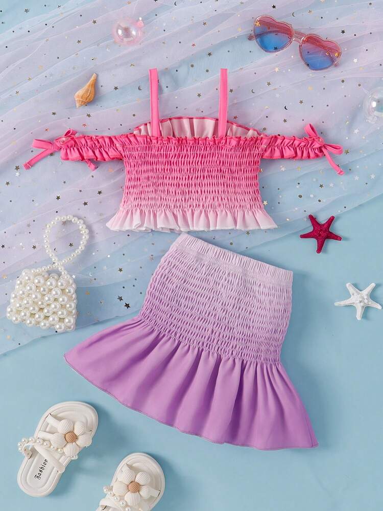 2pcs Baby Girls' New Cami Top With Ruffle Hem Ombre Design Mini Skirt Casual Fashion Summer Outfits