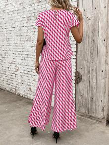 SHEIN Clasi Ensemble d'été décontracté pour femmes, haut à manches courtes à col rond et pantalon imprimé complet, ensemble 2 pièces - Multicolore - Voir 2