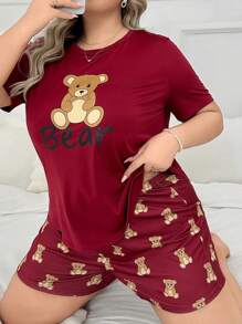 DUSKBASE Bộ đồ ngủ ngắn tay và quần đùi in chữ Plus Size & Gấu hoạt hình cho mùa hè - Màu Đỏ Sâu - Xem 3