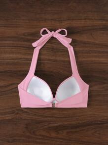 SHEIN Swim 純色露肩頸比基尼上衣，適用於海灘假期 - 淺粉色 - 查看 2