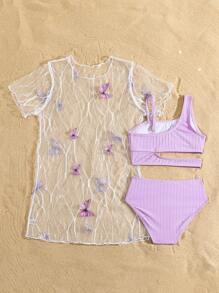 Young Girl Swimwear Set, Printed Pattern Randomly - Mauve Purple - View 2