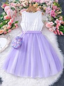 Tween Girls' Floral Printed Sleeveless Mesh Splice Dress With Bag - Purple - View 8