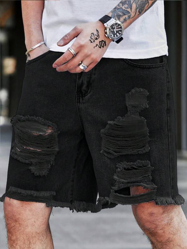 Manfinity EMRG Shorts vaqueros holgados para hombre con diseño desgarrado y dobladillo crudo