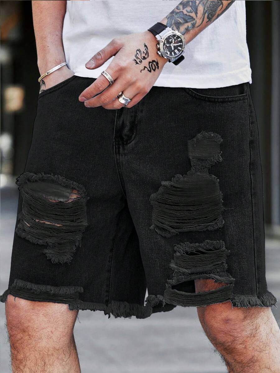 Manfinity LEGND Men Loose Fit Ripped Raw Hem Denim Shorts Distressed Design Jorts