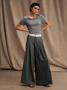 Anewsta U-Neck Pleated Knitted Grey Short Sleeve Casual Crop Top - Grey - View 1