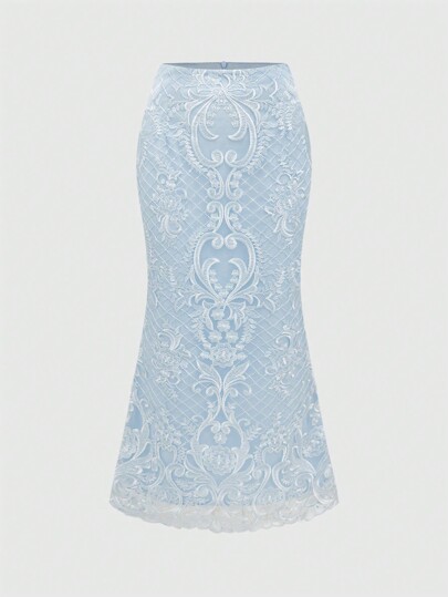 Fairycore Frauen Urlaubs-Spitze Maxirock mit Stickerei