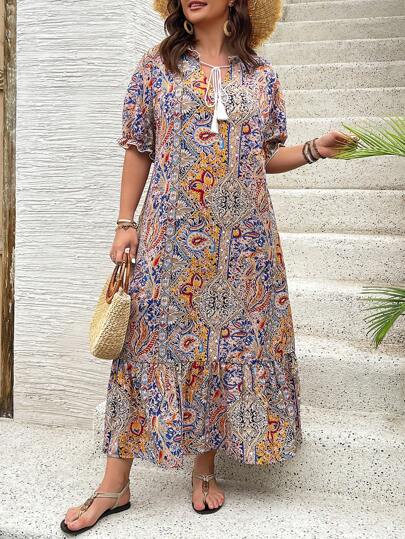 SHEIN Clasi Summer Plus Size Boho Paisley Printed Long Vacation & Leisure Dress