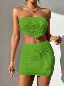 SHEIN PETITE Tie Back Crop Tube Top With Two Pieces Set Mini Skirt - Mint Green - View 1