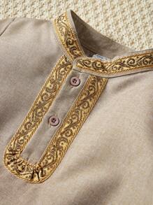 SHEIN Young Boy Formal Stand Collar Short Sleeve T-Shirt And Long Pants 2pcs/Set