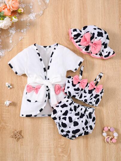 Atuendo lindo de verano para bebé niña con chaqueta de manga corta estampada con vaca, top de camisola decorada con lazo y shorts