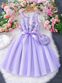 Tween Girls' Floral Printed Sleeveless Mesh Splice Dress With Bag - Purple - View 2