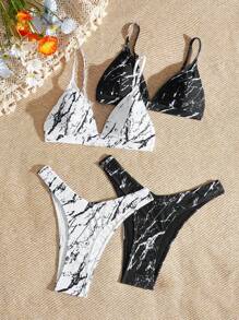 SHEIN Swim 女士湯圓印花性感比基尼套裝，適用於度假、沙灘 - 彩色 - 查看 3