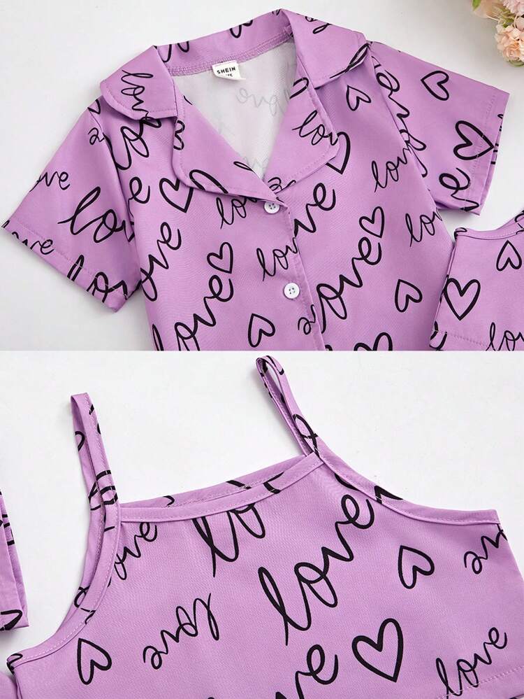 Young Girl Purple Simple Strap Camisole With Turn-Down Collar Short Sleeve And Shorts Casual Three-Piece Homewear Set