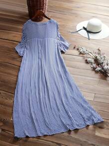 女士时尚条纹短袖 V 领休闲连衣裙