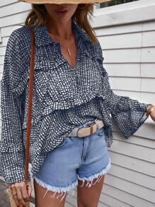 EURMUSE Vacation Casual All-Over Print Ruffle Flare Sleeve Shirt - Blue - View 5