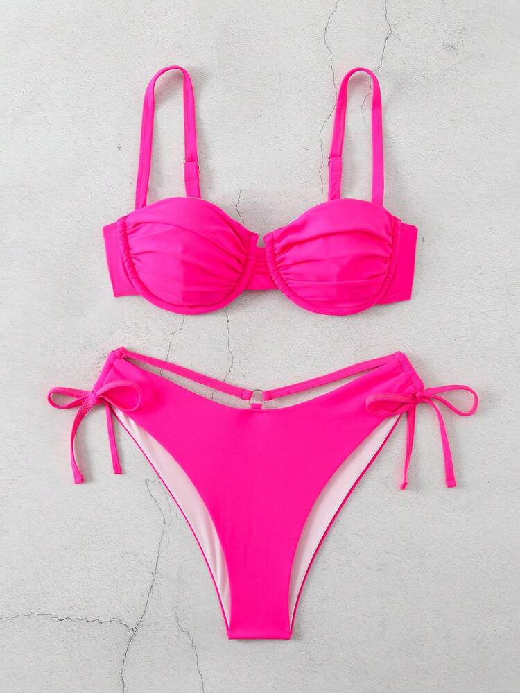 Women's Solid Color Wrinkle Bandeau Bikini Set With Detachable Shoulder Straps, Perfect For Vacation Summer