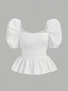 Aloruh Elegant French Style Square Neckline Waist-Cinched Babydoll Shirt With Puff Sleeves, Spring/Summer - White - View 1