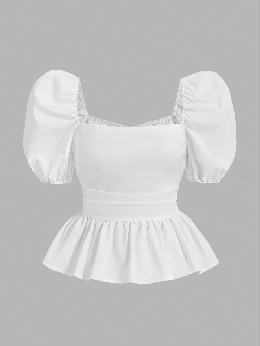 Aloruh Elegant French Style Square Neckline Waist-Cinched Babydoll Shirt With Puff Sleeves, Spring/Summer - White - View 1