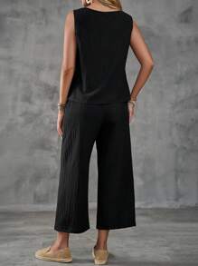 EMERY ROSE Women Solid Front Button Sleeveless Simple Top And Pants Casual Set - Black - View 2