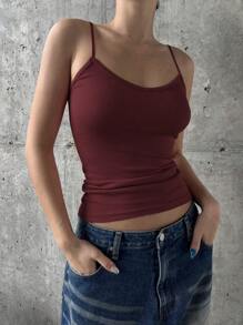 DAZY Casual Solid Color Slim Fit Cami Top For Summer - Burgundy - View 4