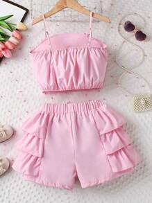 SHEIN Explorewe 少女夏季可愛的2件套裝，打結飾邊背心和褶邊拼接短褲 - 粉色 - 查看 2