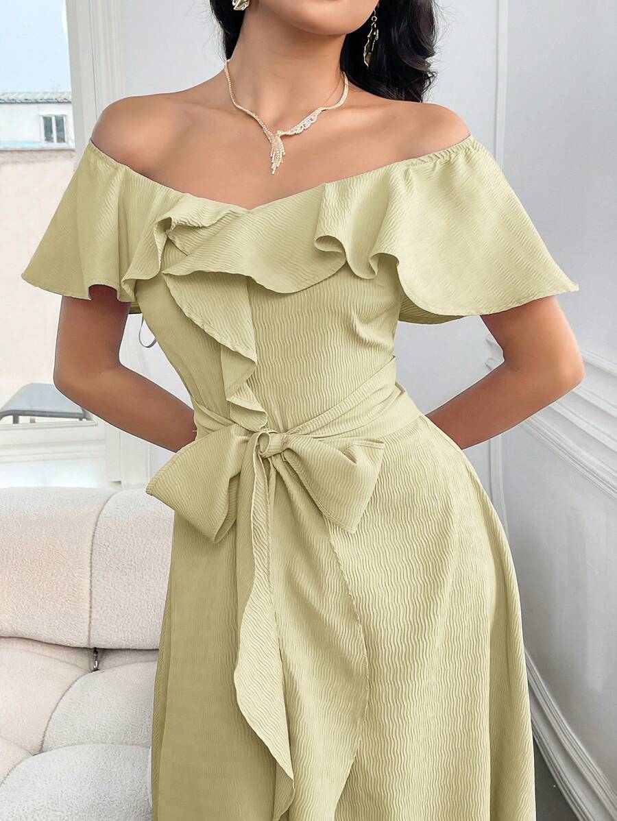 Modelyn Women's Summer Elegant Off Shoulder Knotted Waist Solid Color Splicing Ruffle Hem Dress Long Evening Dresses - Mustard Yellow - View 1