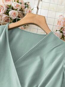 SHEIN Unity Women's Elegant Solid Color Wraparound Belted Ruffle Hem Dress For Summer - Mint Green - View 3