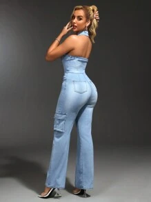 SHEIN SXY Mono de peto de mezclilla sin mangas para Mujer con botones y bolsillos en verano