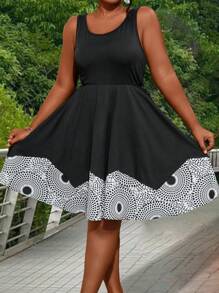 Maweii Plus Size Women Geometric Printed Sleeveless Casual Dress With Round Neckline, Summer