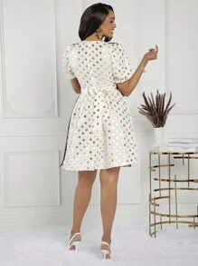 SHEIN Lady Women's White & Golden Dot Jacquard Fabric Contrast Mesh Bowknot Belted Summer Dress - Multicolor - View 2