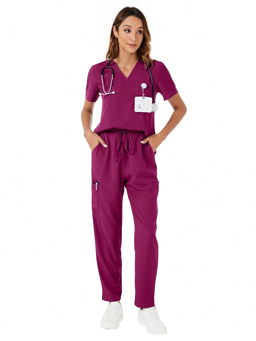 Scrub Uniforms Nurse Set With V-Neck Top & Straight Leg Pants - Red Violet - View 1