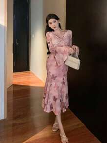 DAZY 女士夏季优雅雪纺蝴蝶印花扭曲 V 领喇叭袖美人鱼礼服舞会礼服 - 粉色 - 查看 6