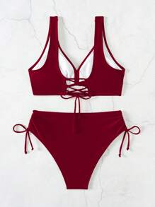 SHEIN Swim Ensemble bikini croisé unicolore pour femmes pour plage et été, ensemble bikini sexy pour les vacances - Rouge foncé - Voir 6