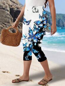 SHEIN LUNE 大尺碼多彩狗爪印花高腰彈性七分褲 - 黑色 - 查看 4