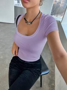 DAZY 女款夏季純色修身圓領短袖T恤外出上衣 - 紫丁香色 - 查看 3