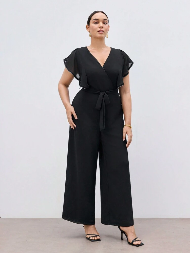 Plus Size Solid Color V-Neck Jumpsuit With Ruffle Trim For Summer