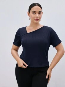 BizChic Áo thun nữ tay ngắn sọc xanh cổ chữ V có cỡ Plus, áo thun thường ngày mùa hè - Màu xanh hải quân - Xem 5