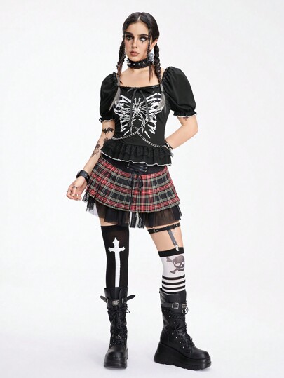 Goth T-shirt à col claudine Peter Pan avec manches bouffantes, imprimé papillon mécanique gothique et décoration de chaîne, pour filles