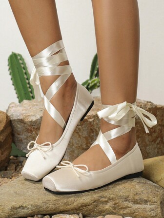 2025 Autumn Women's Soft Lightweight Cross Straps Apricot Flat Shoes With Rounded Toe And Satin Vamp Valentines,Ballet