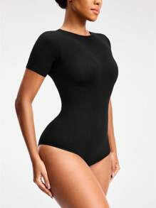 SHAPORA Seamless Round Neck Short-Sleeved Brief Bodysuit Body Shaper Bust&Butt Lifter -Tummy Waist Arm Control - Black - View 4