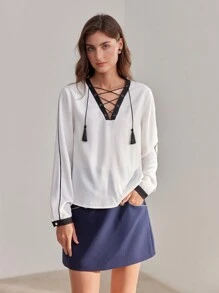MOTF PREMIUM CONTRAST PIPING TASSEL LACE UP V-NECK BLOUSE - Black and White - View 6
