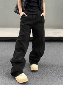 Manfinity EMRG 男士休闲宽松阔腿牛仔裤，适合日常穿着，男士宽松黑色裤子，男士黑色宽松牛仔裤，男士宽松裤子 - 黑色 - 查看 4