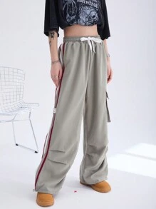 SHEIN Coolane Y2K Cargo Pants Women Fashion Wide Leg Casual Pants Loose Striped Sports Sweatpants Drawstring Parachute Pantsh Trousers - Green - View 5