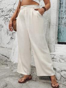 SHEIN VCAY Plus Size Holiday Apricot Linen Pocketed Women's Summer Long Pants - Apricot - View 6