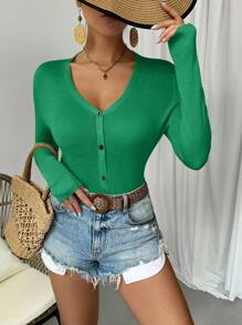 Chiquease Cárdigan casual de punto de manga larga con botones frontales y unicolor - Verde - Ver 4