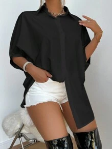 VaVaBold Áo sơ mi nữ đơn giản hàng ngày màu trơn - màu đen - Xem 5