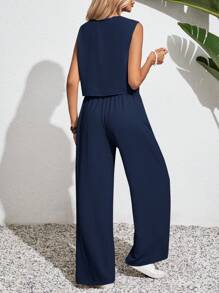 SHEIN Frenchy Conjunto de 2 piezas para vacaciones de verano con top de tirantes sin mangas de cuello en V y pantalones largos de unicolor